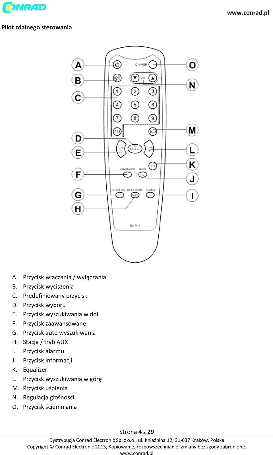 Przycisk auto wyszukiwania H. Stacja / tryb AUX I. Przycisk alarmu J. Przycisk informacji K.