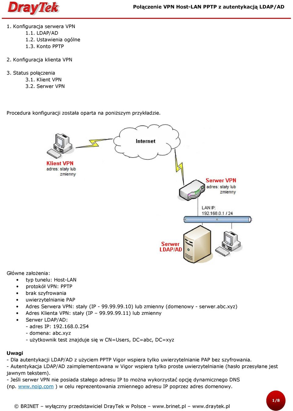 xyz) Adres Klienta VPN: stały (IP 99.99.99.11) lub zmienny Serwer LDAP/AD: - adres IP: 192.168.0.254 - domena: abc.