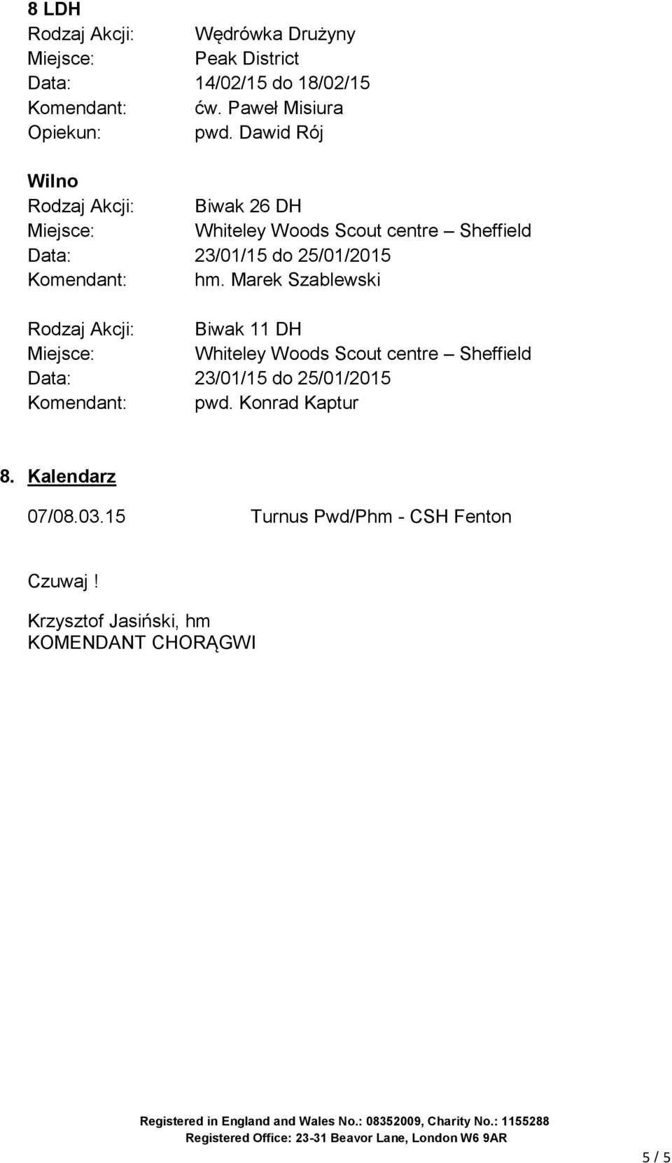 hm. Marek Szablewski Rodzaj Akcji: Biwak 11 DH Whiteley Woods Scout centre Sheffield Data: 23/01/15 do 25/01/2015