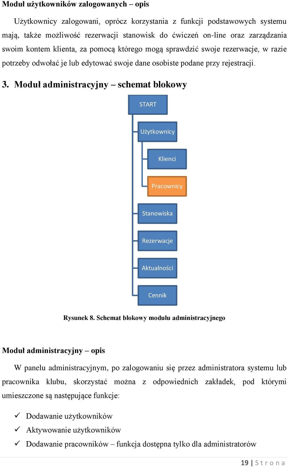 Moduł administracyjny schemat blokowy START Użytkownicy Klienci Pracownicy Stanowiska Rezerwacje Aktualności Cennik Rysunek 8.