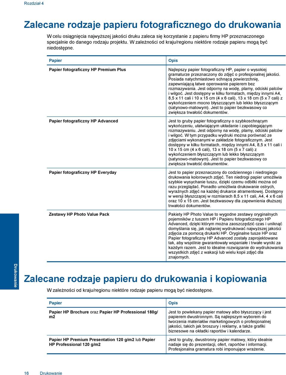 Papier Papier fotograficzny HP Premium Plus Papier fotograficzny HP Advanced Papier fotograficzny HP Everyday Zestawy HP Photo Value Pack Opis Najlepszy papier fotograficzny HP, papier o wysokiej