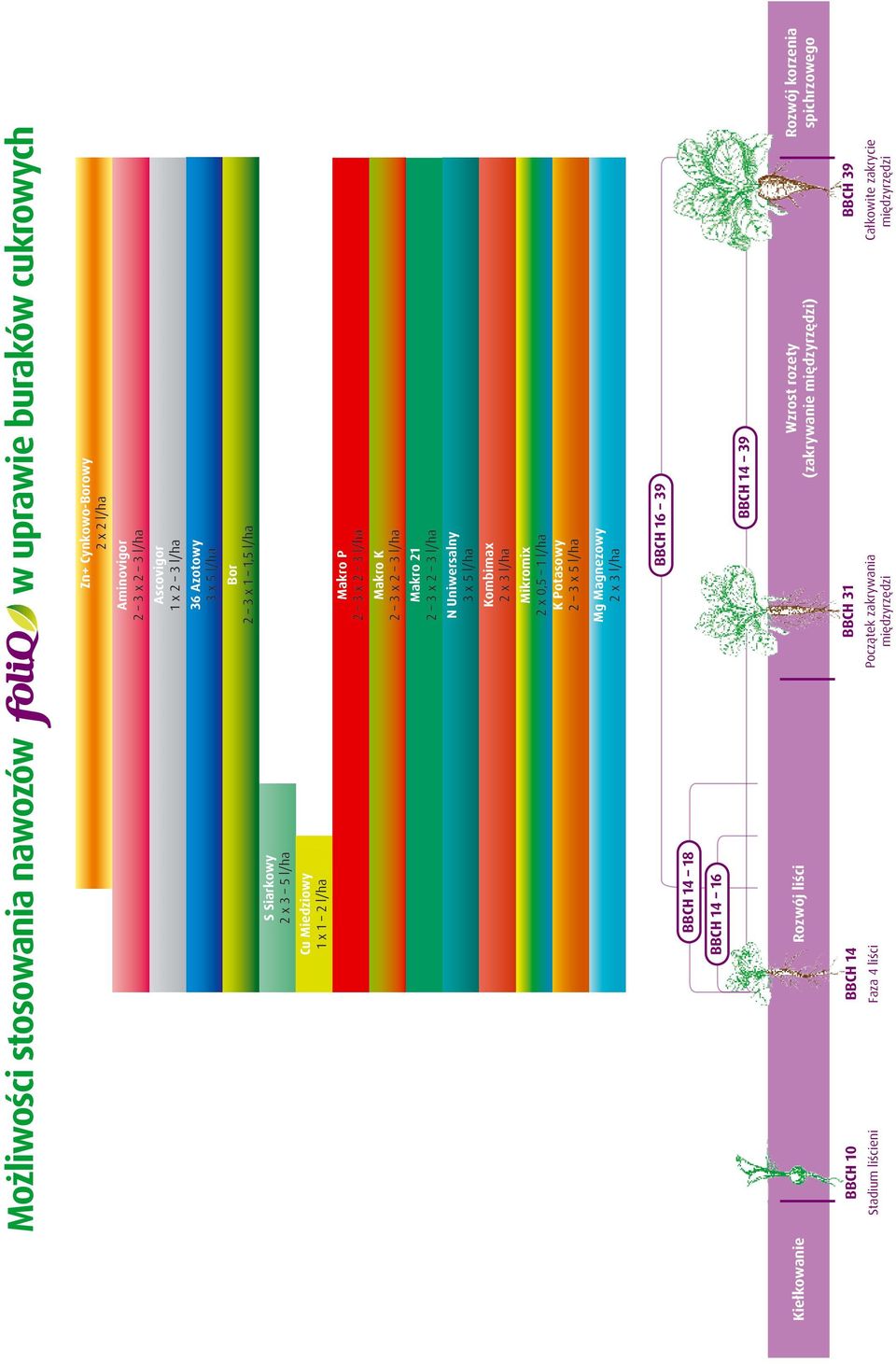 2 x 3 l/ha Mikromix 2 x 0,5 1 l/ha K Potasowy 2 3 x 5 l/ha Mg Magnezowy 2 x 3 l/ha BBCH 16 39 BBCH 14 18 BBCH 14 16 BBCH 14 39 Kiełkowanie Rozwój liści Wzrost rozety