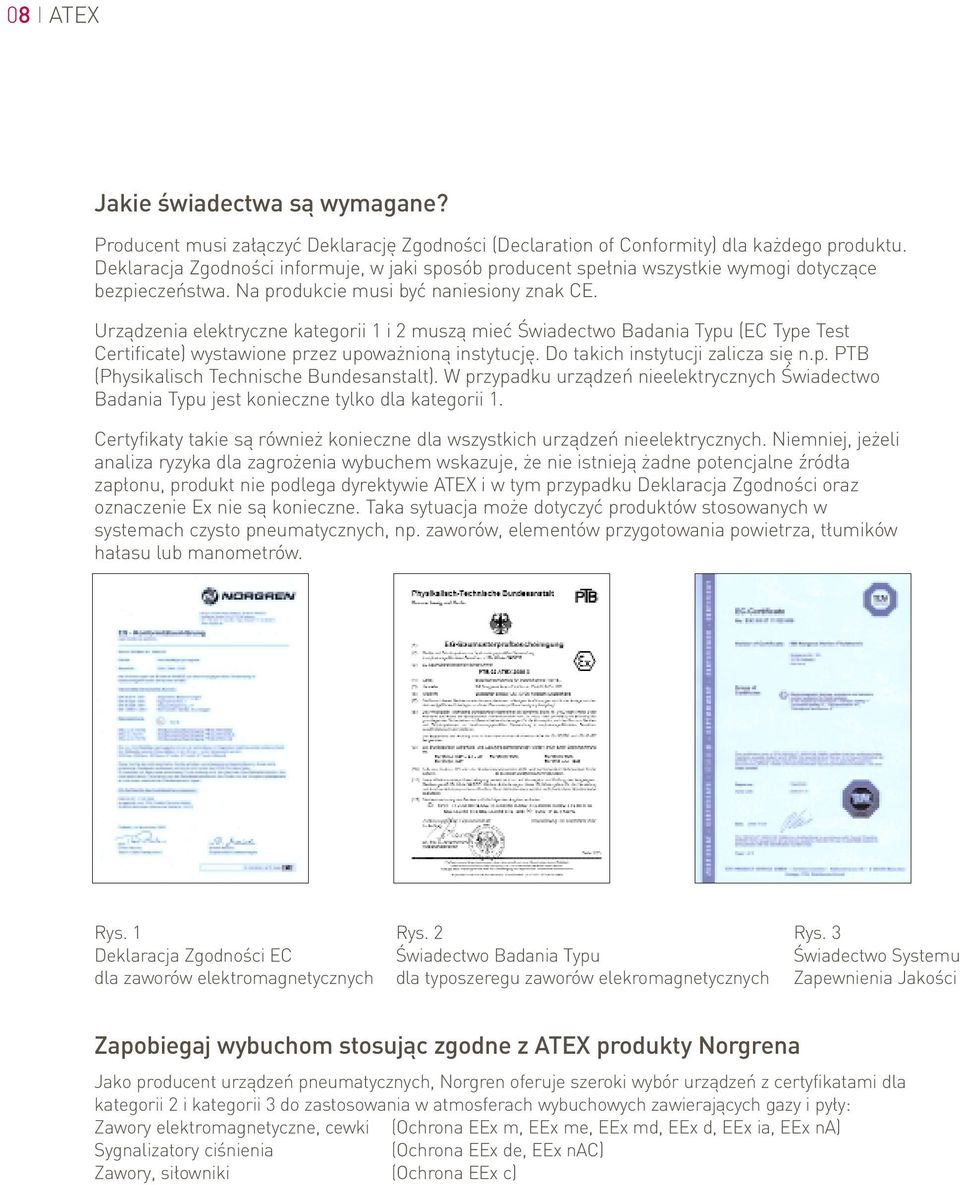 Urządzenia elektryczne kategorii 1 i 2 muszą mieć Świadectwo Badania u (EC e Test Certificate) wystawione przez upoważnioną instytucję. Do takich instytucji zalicza się n.p. PTB (Physikalisch Technische Bundesanstalt).