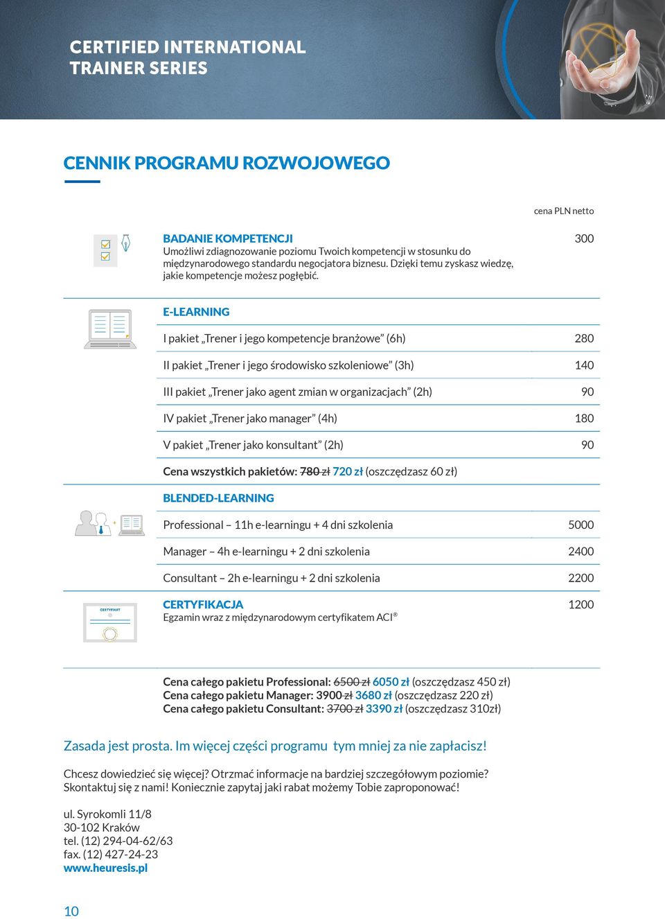 300 E-LEARNING I pakiet Trener i jego kompetencje branżowe (6h) 280 II pakiet Trener i jego środowisko szkoleniowe (3h) 140 III pakiet Trener jako agent zmian w organizacjach (2h) 90 IV pakiet Trener