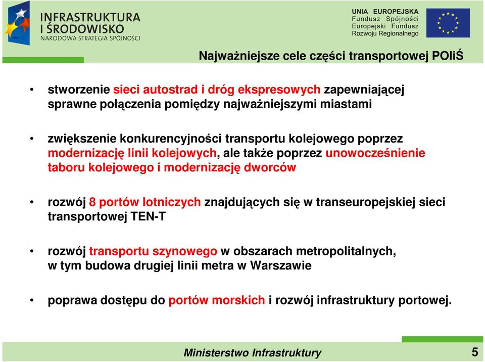 unowocześnienie taboru kolejowego i modernizację dworców rozwój 8 portów lotniczych znajdujących się w transeuropejskiej sieci transportowej TEN-T