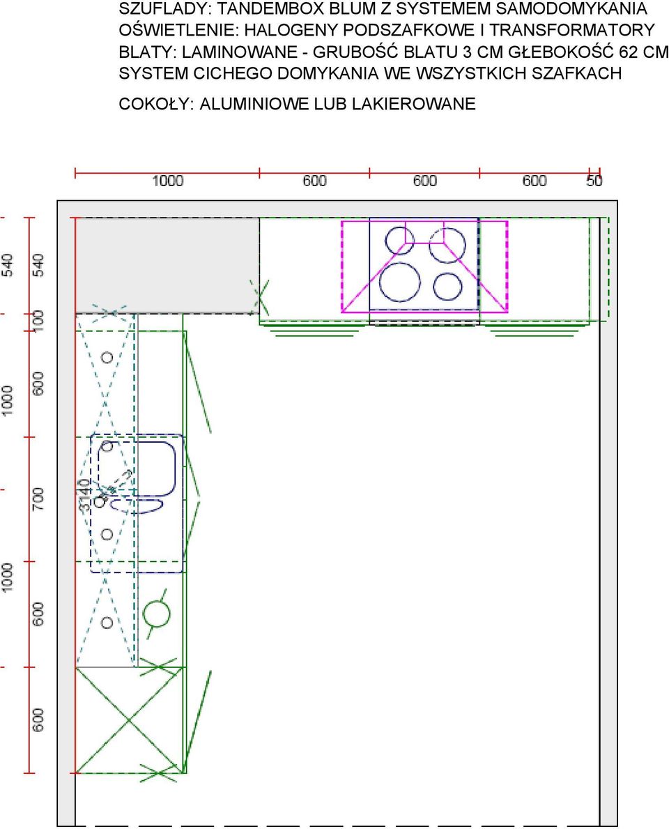 LAMINOWANE - GRUBOŚĆ BLATU 3 CM GŁEBOKOŚĆ 62 CM SYSTEM