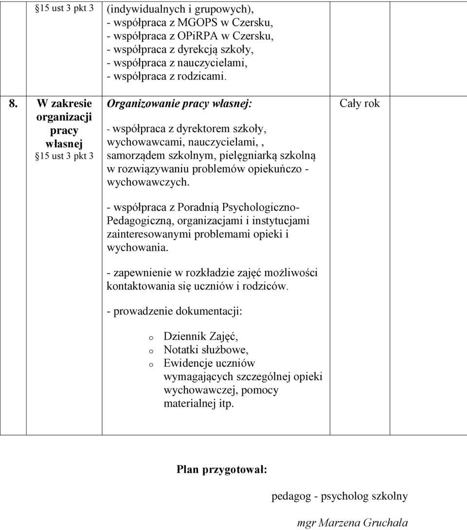 opiekuńczo - wychowawczych. - współpraca z Poradnią Psychologiczno- Pedagogiczną, organizacjami i instytucjami zainteresowanymi problemami opieki i wychowania.