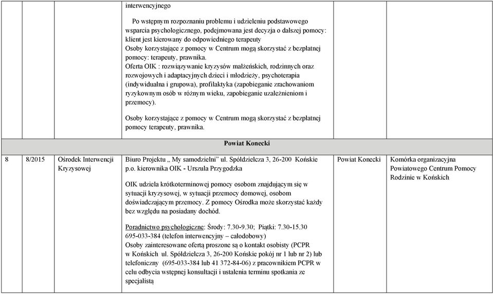 Oferta OIK : rozwiązywanie kryzysów małżeńskich, rodzinnych oraz rozwojowych i adaptacyjnych dzieci i młodzieży, psychoterapia (indywidualna i grupowa), profilaktyka (zapobieganie zrachowaniom