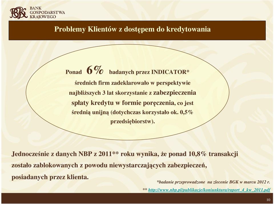 Jednocześnie z danych NBP z 2011** roku wynika, Ŝe ponad 10,8% transakcji zostało zablokowanych z powodu niewystarczających zabezpieczeń,