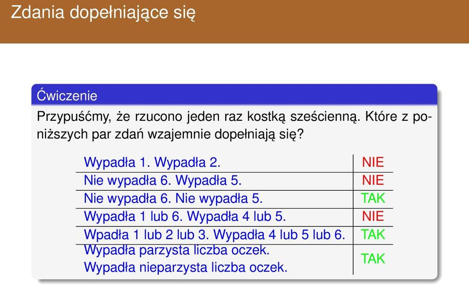 Wypadła 5. Nie wypadła 6. Nie wypadła 5. Wypadła 1 lub 6. Wypadła 4 lub 5.