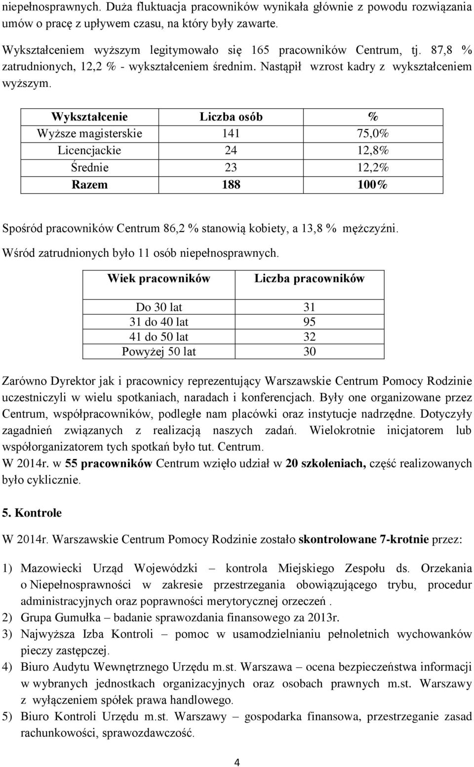 Wykształcenie Liczba osób % Wyższe magisterskie 141 75,0% Licencjackie 24 12,8% Średnie 23 12,2% Razem 188 100% Spośród pracowników Centrum 86,2 % stanowią kobiety, a 13,8 % mężczyźni.