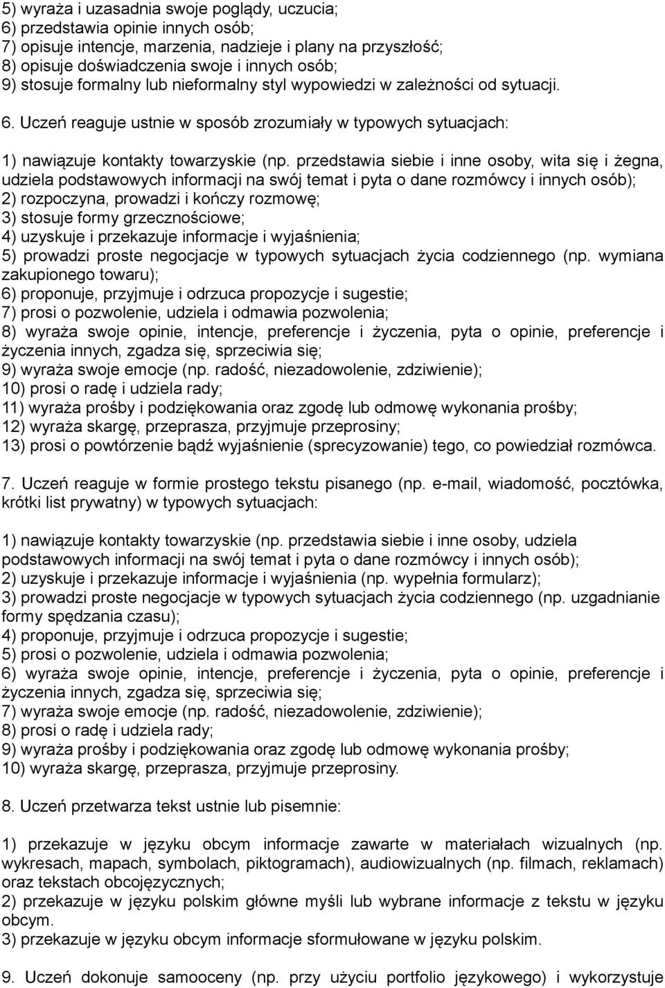 przedstawia siebie i inne osoby, wita się i żegna, udziela podstawowych informacji na swój temat i pyta o dane rozmówcy i innych osób); 2) rozpoczyna, prowadzi i kończy rozmowę; 3) stosuje formy