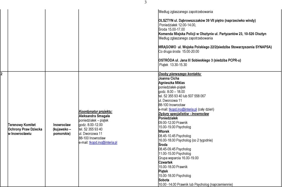 Jana III Sobieskiego 3 (siedziba PCPR-u) Piątek 13.30-15.