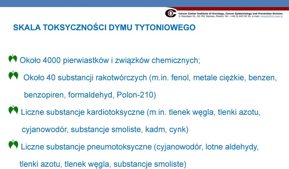 fenol, metale ciężkie, benzen, benzopiren, formaldehyd, Polon-210) Liczne substancje kardiotoksyczne (m.