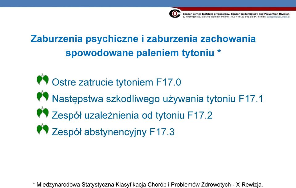 1 Zespół uzależnienia od tytoniu F17.2 Zespół abstynencyjny F17.