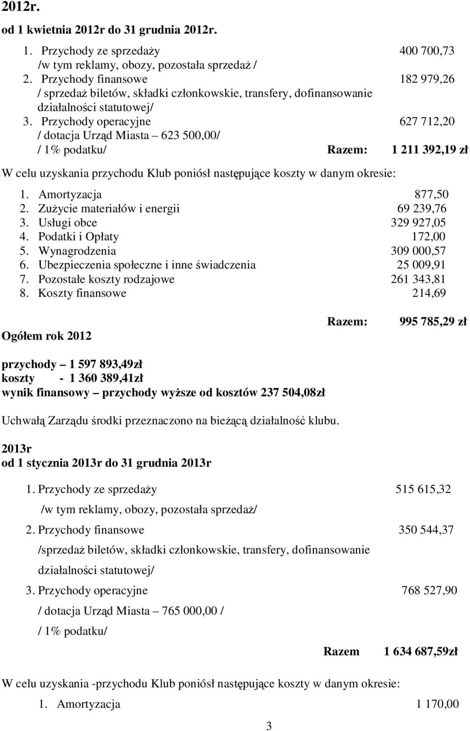 Przychody operacyjne 627 712,20 / dotacja Urząd Miasta 623 500,00/ / 1% podatku/ Razem: 1 211 392,19 zł W celu uzyskania przychodu Klub poniósł następujące koszty w danym okresie: 1.