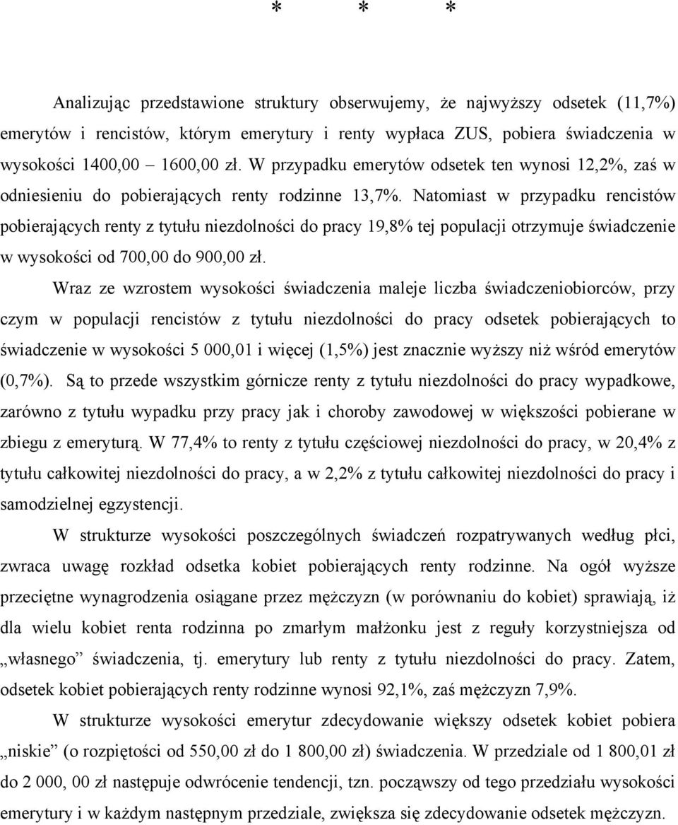 Natomiast w przypadku rencistów pobierających renty z tytułu niezdolności do pracy 19,8% tej populacji otrzymuje świadczenie w wysokości od 700,00 do 900,00 zł.