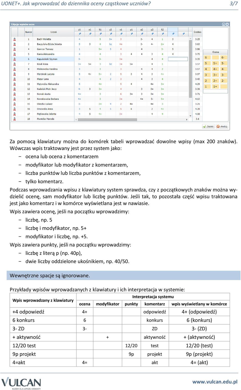 Podczas wprowadzania wpisu z klawiatury system sprawdza, czy z początkowych znaków można wydzielić ocenę, sam modyfikator lub liczbę punktów.