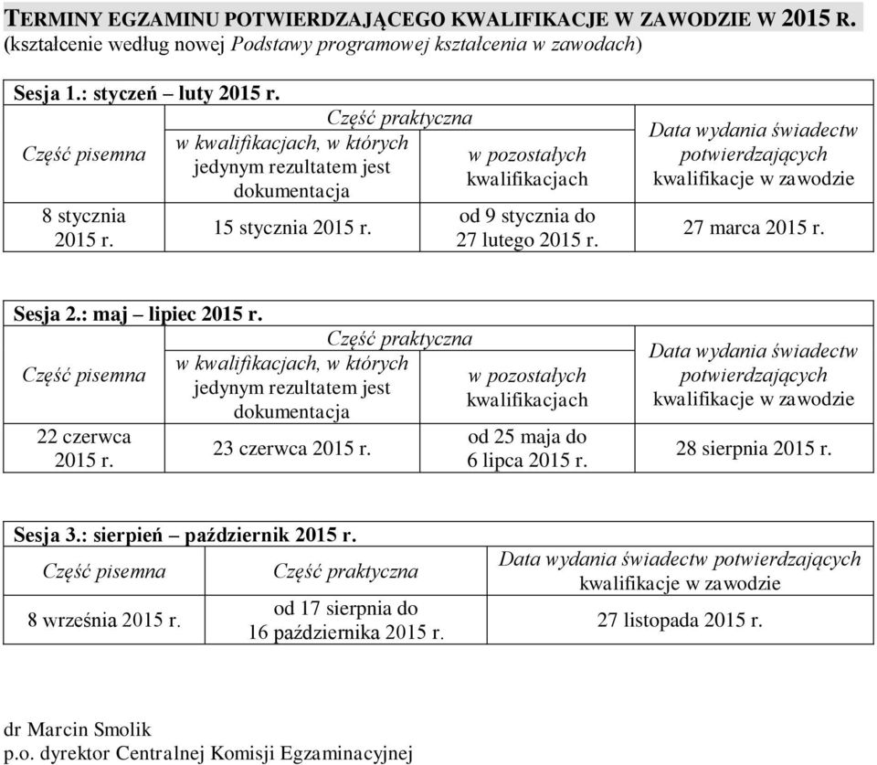 Data wydania świadectw potwierdzających kwalifikacje w zawodzie 27 marca 2015 r. Sesja 2.: maj lipiec 2015 r. Część pisemna 22 czerwca 2015 r.