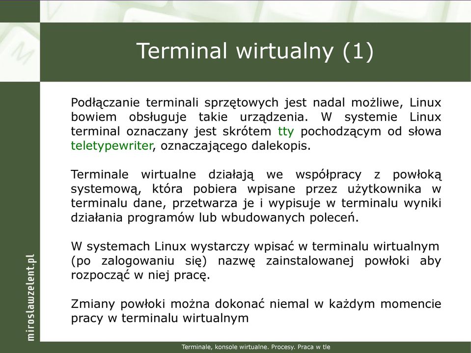 Terminale wirtualne działają we współpracy z powłoką systemową, która pobiera wpisane przez użytkownika w terminalu dane, przetwarza je i wypisuje w terminalu wyniki działania