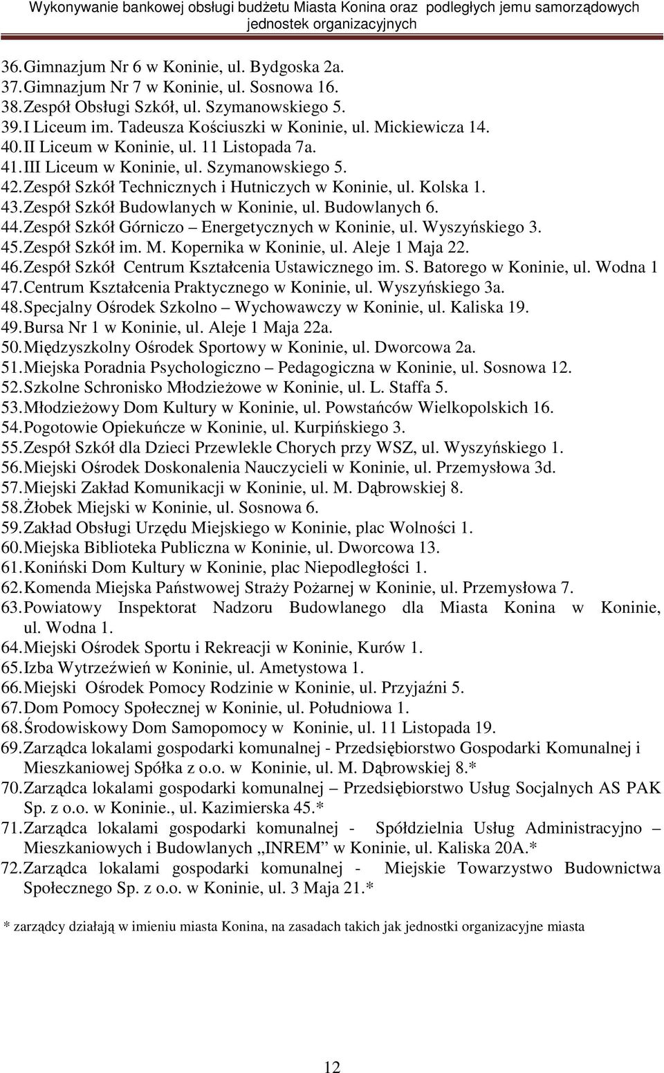 Zespół Szkół Budowlanych w Koninie, ul. Budowlanych 6. 44. Zespół Szkół Górniczo Energetycznych w Koninie, ul. Wyszyńskiego 3. 45. Zespół Szkół im. M. Kopernika w Koninie, ul. Aleje 1 Maja 22. 46.