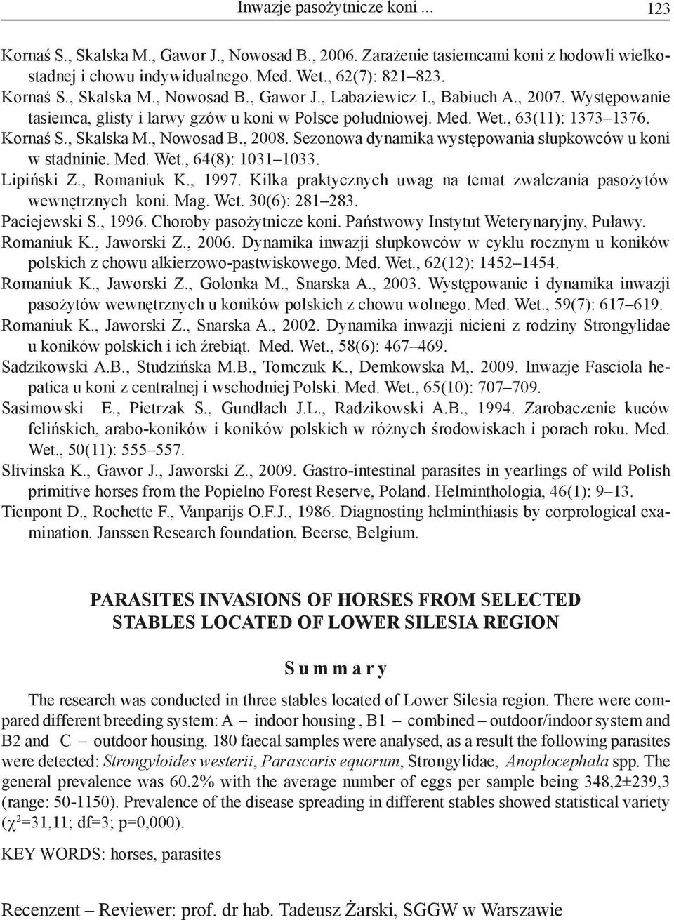 Sezonowa dynamika występowania słupkowców u koni w stadninie. Med. Wet., 64(8): 1031 1033. Lipiński Z., Romaniuk K., 1997. Kilka praktycznych uwag na temat zwalczania pasożytów wewnętrznych koni. Mag.