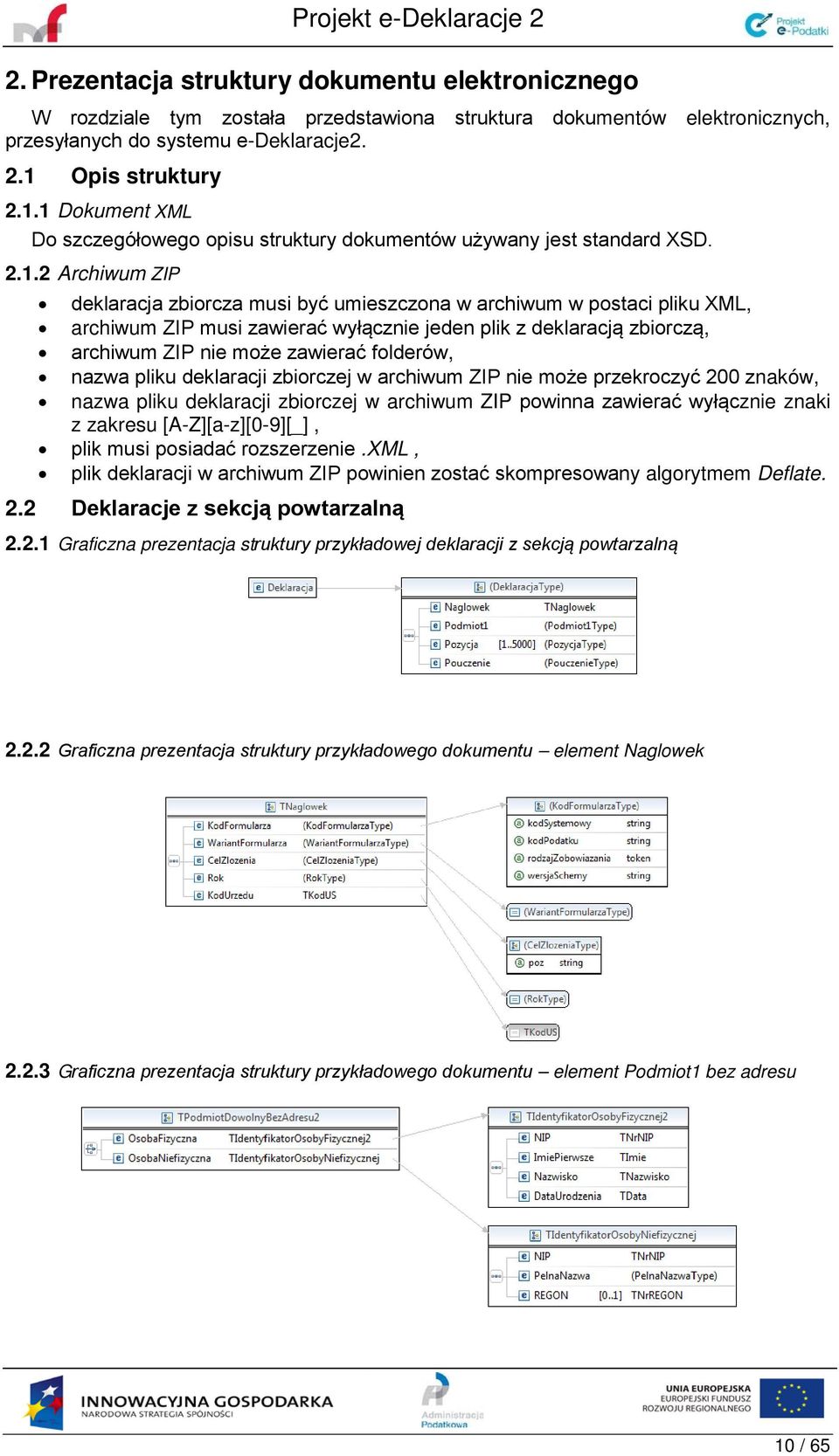1 Dokument XML Do szczegółowego opisu struktury dokumentów używany jest standard XSD. 2.1.2 Archiwum ZIP deklaracja zbiorcza musi być umieszczona w archiwum w postaci pliku XML, archiwum ZIP musi