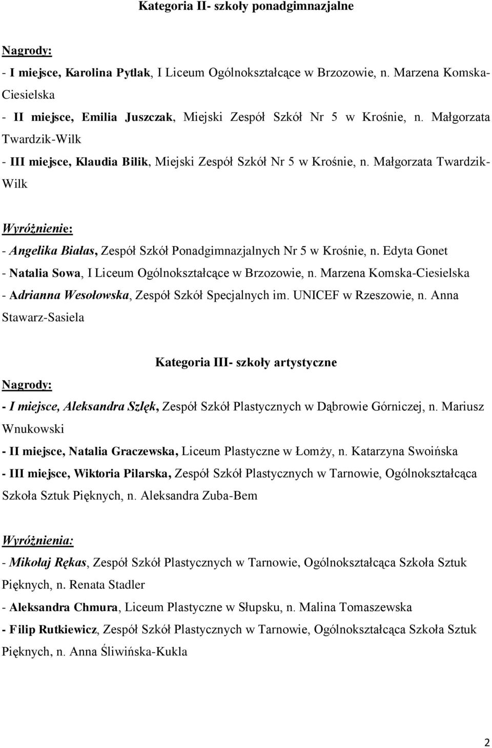 Małgorzata Twardzik- Wilk Wyróżnienie: - Angelika Białas, Zespół Szkół Ponadgimnazjalnych Nr 5 w Krośnie, n. Edyta Gonet - Natalia Sowa, I Liceum Ogólnokształcące w Brzozowie, n.