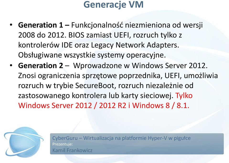 Obsługiwane wszystkie systemy operacyjne. Generation 2 Wprowadzone w Windows Server 2012.