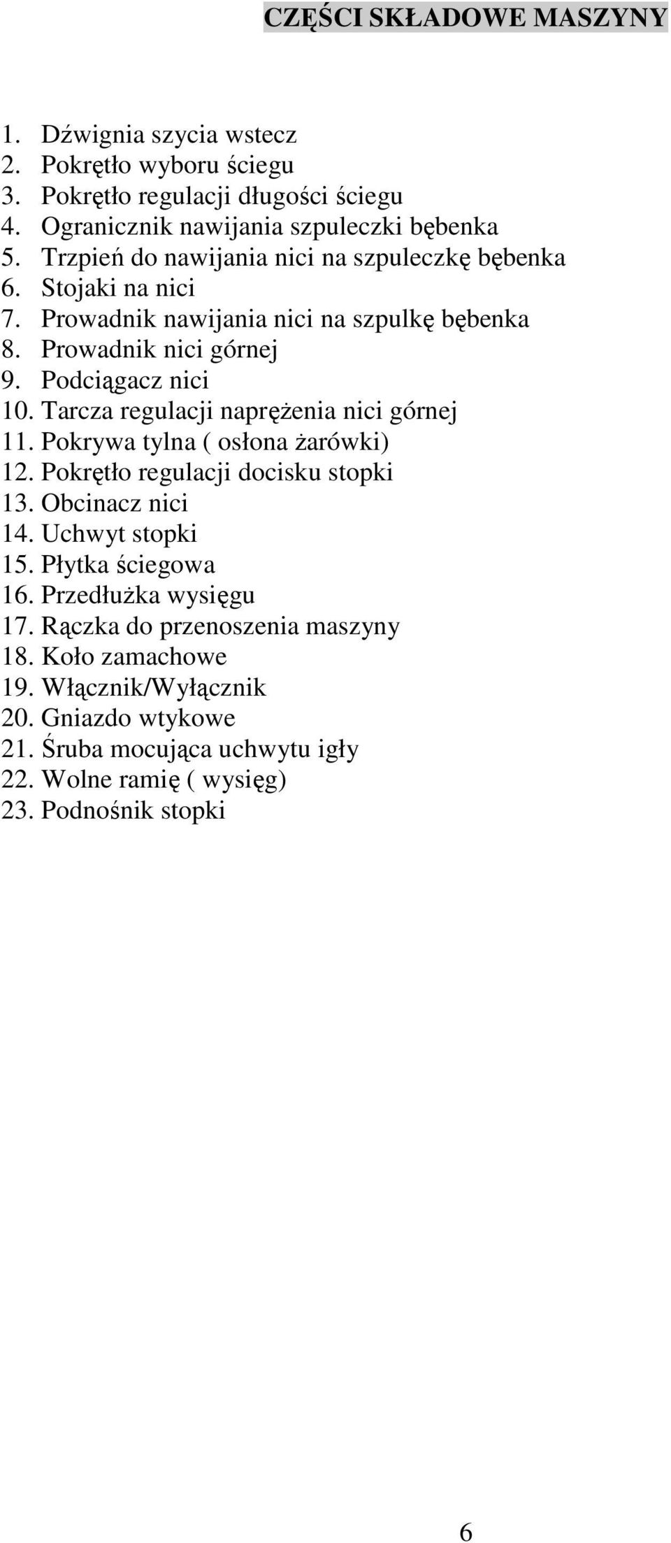 Tarcza regulacji naprężenia nici górnej 11. Pokrywa tylna ( osłona żarówki) 12. Pokrętło regulacji docisku stopki 13. Obcinacz nici 14. Uchwyt stopki 15. Płytka ściegowa 16.