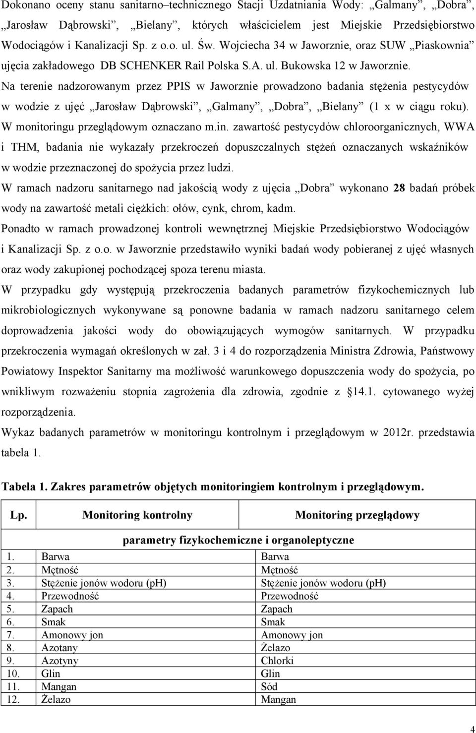 Na terenie nadzorowanym przez PPIS w Jaworznie prowadzono badania stężenia pestycydów w wodzie z ujęć Jarosław Dąbrowski, Galmany, Dobra, Bielany (1 x w ciągu roku).