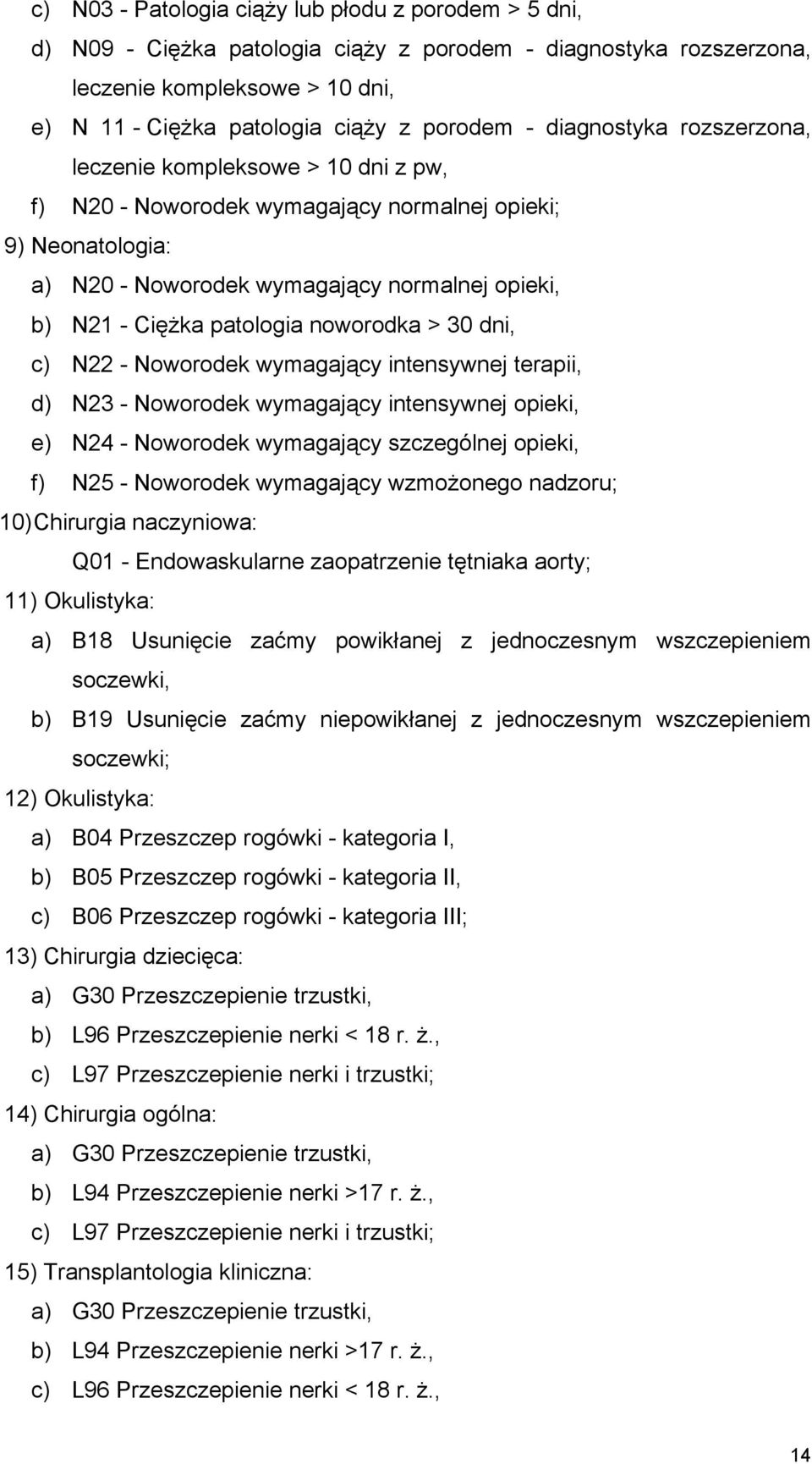 noworodka > 30 dni, c) N22 - Noworodek wymagający intensywnej terapii, d) N23 - Noworodek wymagający intensywnej opieki, e) N24 - Noworodek wymagający szczególnej opieki, f) N25 - Noworodek