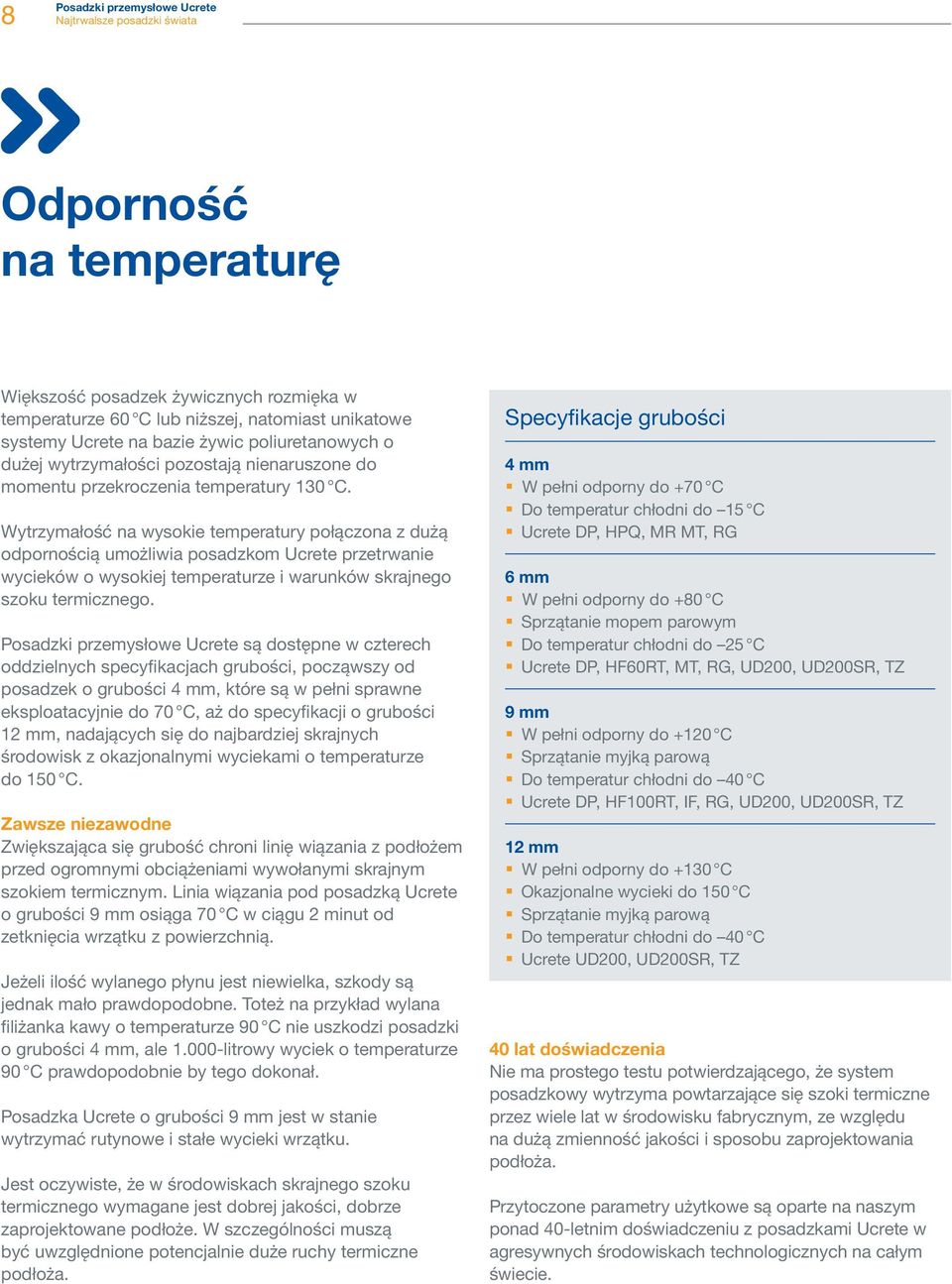 Wytrzymałość na wysokie temperatury połączona z dużą odpornością umożliwia posadzkom Ucrete przetrwanie wycieków o wysokiej temperaturze i warunków skrajnego szoku termicznego.