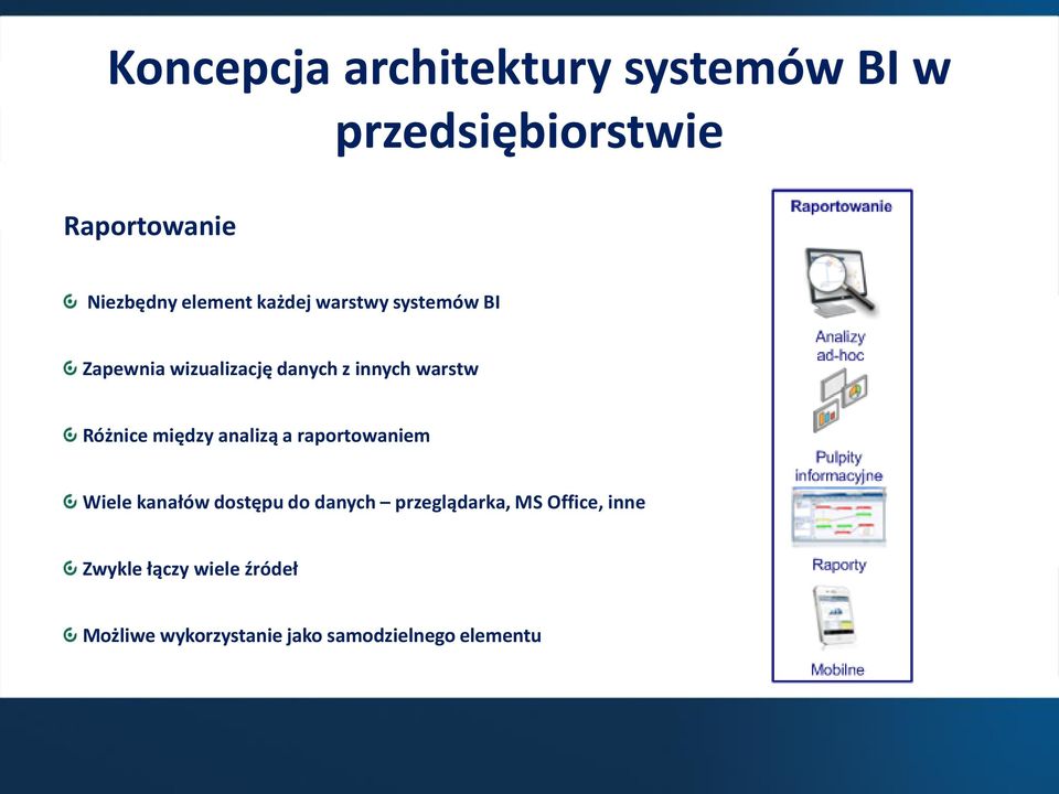 Różnice między analizą a raportowaniem Wiele kanałów dostępu do danych