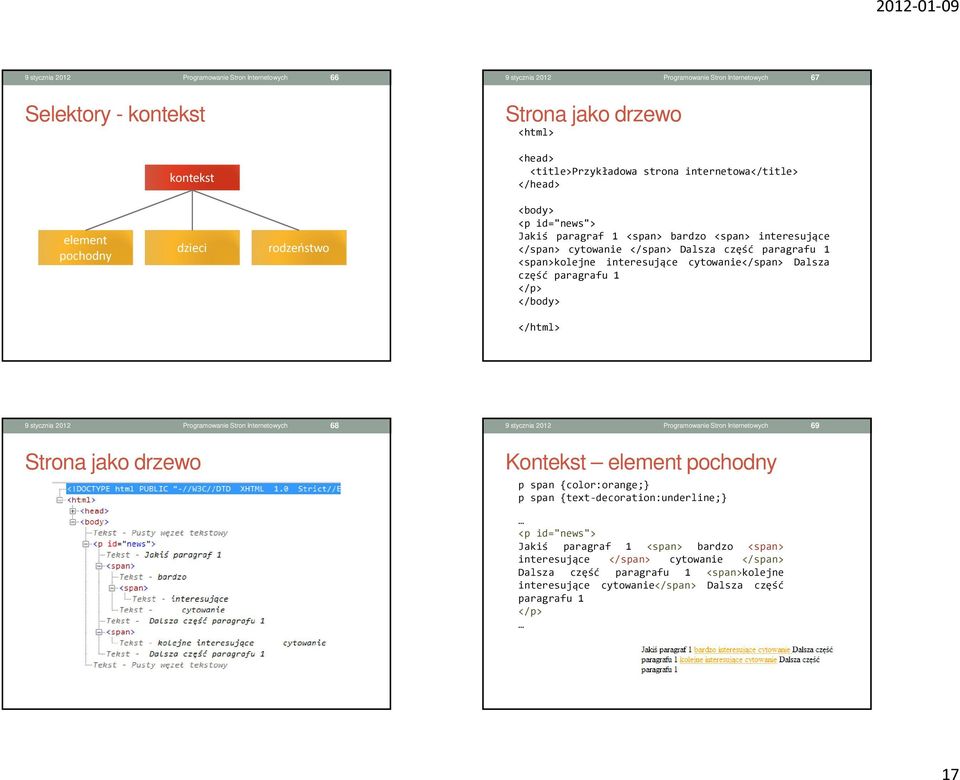 Dalsza część paragrafu 1 </p> </body> </html> Programowanie Stron Internetowych 68 Programowanie Stron Internetowych 69 Strona jako drzewo Kontekst element pochodny p span color:orange; p span