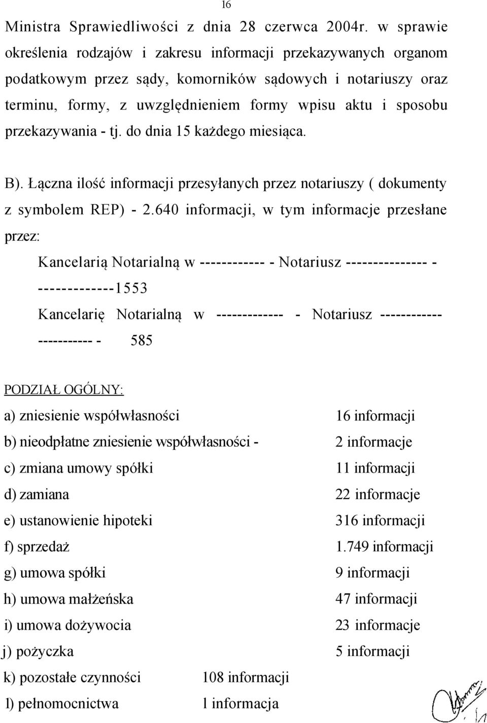 przekazywania - tj. do dnia 15 każdego miesiąca. B). Łączna ilość informacji przesyłanych przez notariuszy ( dokumenty z symbolem REP) - 2.