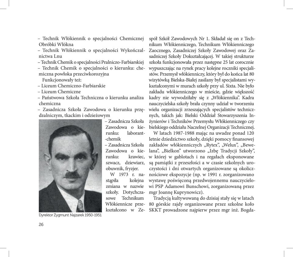 kierunku przędzalniczym, tkackim i odzieżowym Zasadnicza Szkoła Zawodowa o kierunku: laborant- -chemik Zasadnicza Szkoła Zawodowa o kierunku: krawiec, szwacz, dziewiarz, obuwnik, fryzjer. W 1973 r.