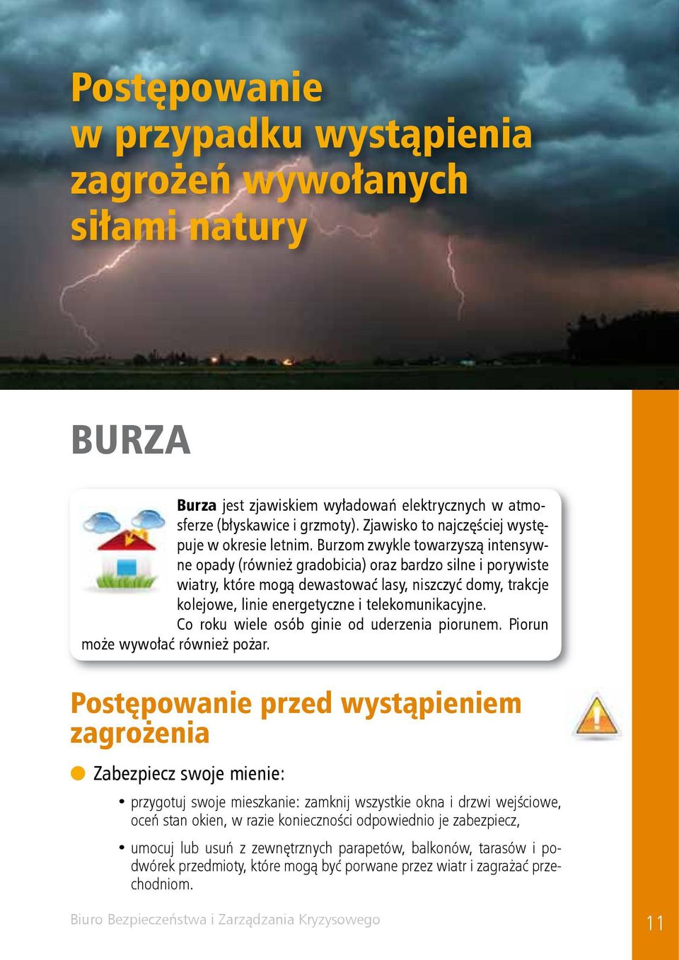 Burzom zwykle towarzyszą intensywne opady (również gradobicia) oraz bardzo silne i porywiste wiatry, które mogą dewastować lasy, niszczyć domy, trakcje kolejowe, linie energetyczne i