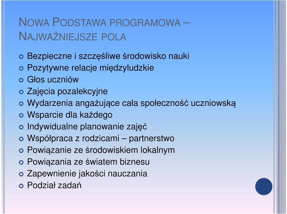 angażujące cała społeczność uczniowską Wsparcie dla każdego Indywidualne planowanie zajęć Współpraca z