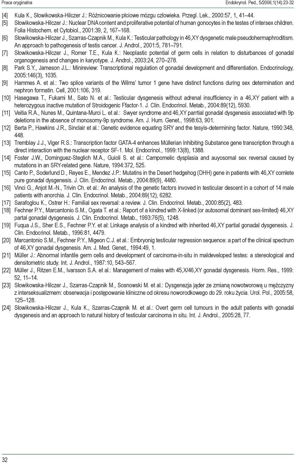 , Szarras-Czapnik M., Kula K.: Testicular pathology in 46,XY dysgenetic male pseudohermaphroditism. An approach to pathogenesis of testis cancer. J. Androl., 2001:5, 781 791.