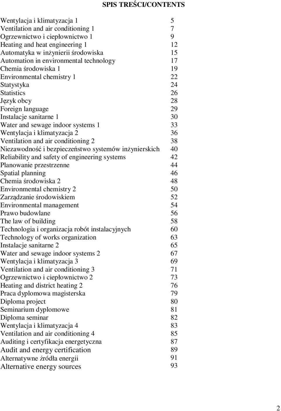 Ventilation and air conditioning Niezawodność i bezpieczeństwo systemów inżynierskich Reliability and safety of engineering systems Planowanie przestrzenne Spatial planning Chemia środowiska