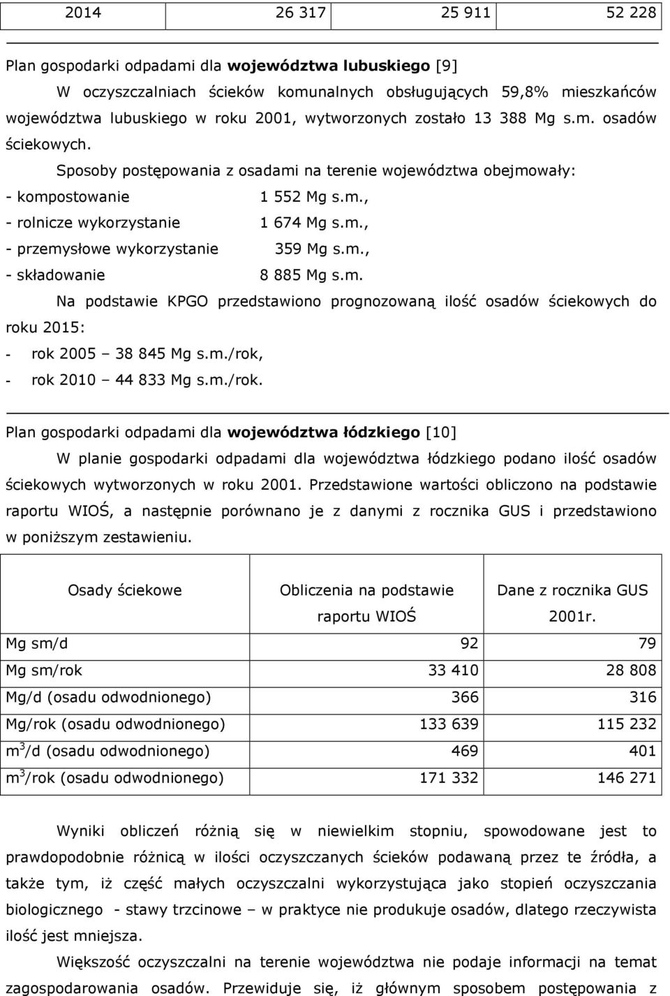 m., - składowanie 8 885 Mg s.m. Na podstawie KPGO przedstawiono prognozowaną ilość osadów ściekowych do roku 2015: - rok 2005 38 845 Mg s.m./rok,