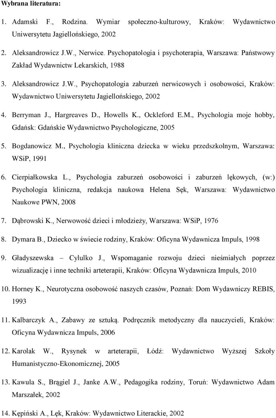 Berryman J., Hargreaves D., Howells K., Ockleford E.M., Psychologia moje hobby, Gdańsk: Gdańskie Wydawnictwo Psychologiczne, 2005 5. Bogdanowicz M.