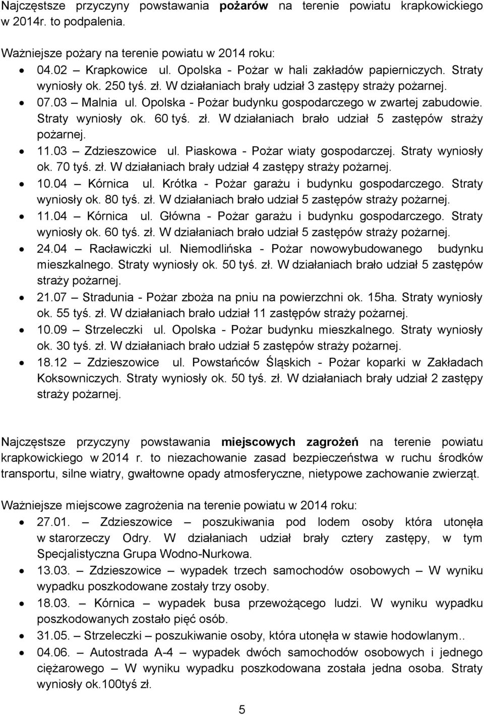 Opolska - Pożar budynku gospodarczego w zwartej zabudowie. Straty wyniosły ok. 60 tyś. zł. W działaniach brało udział 5 zastępów straży pożarnej. 11.03 Zdzieszowice ul.