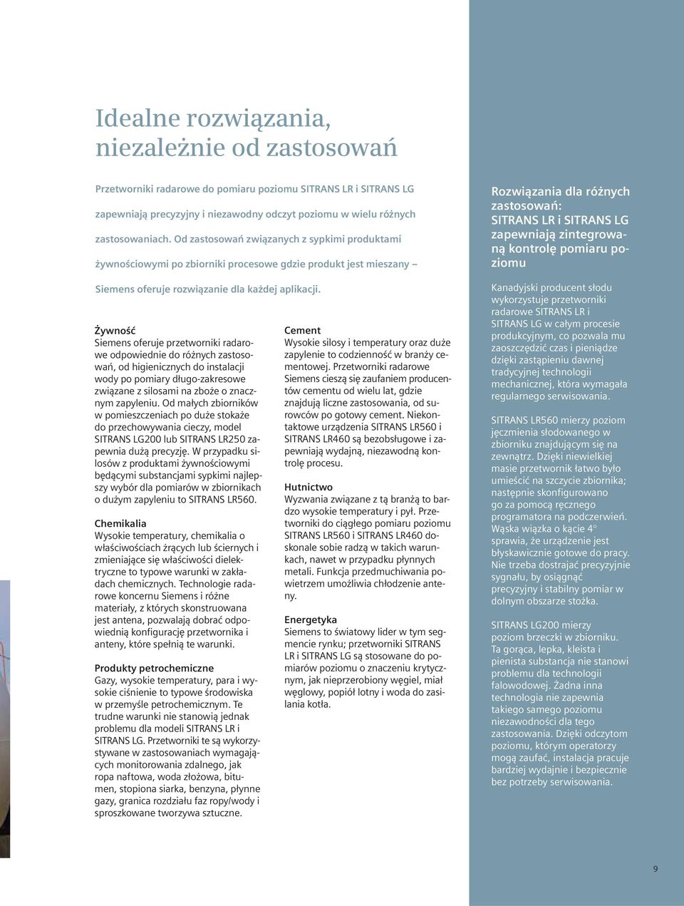 Żywność Siemens oferuje przetworniki radarowe odpowiednie do różnych zastosowań, od higienicznych do instalacji wody po pomiary długo-zakresowe związane z silosami na zboże o znacznym zapyleniu.