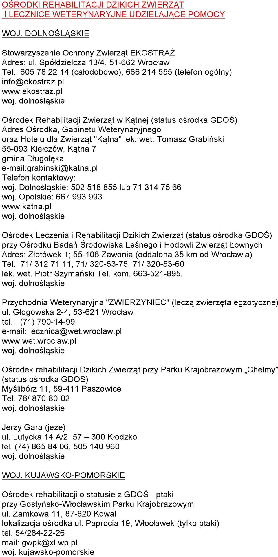 pl www.ekostraz.pl Ośrodek Rehabilitacji Zwierząt w Kątnej (status ośrodka GDOŚ) Adres Ośrodka, Gabinetu Weterynaryjnego oraz Hotelu dla Zwierząt "Kątna" lek. wet.