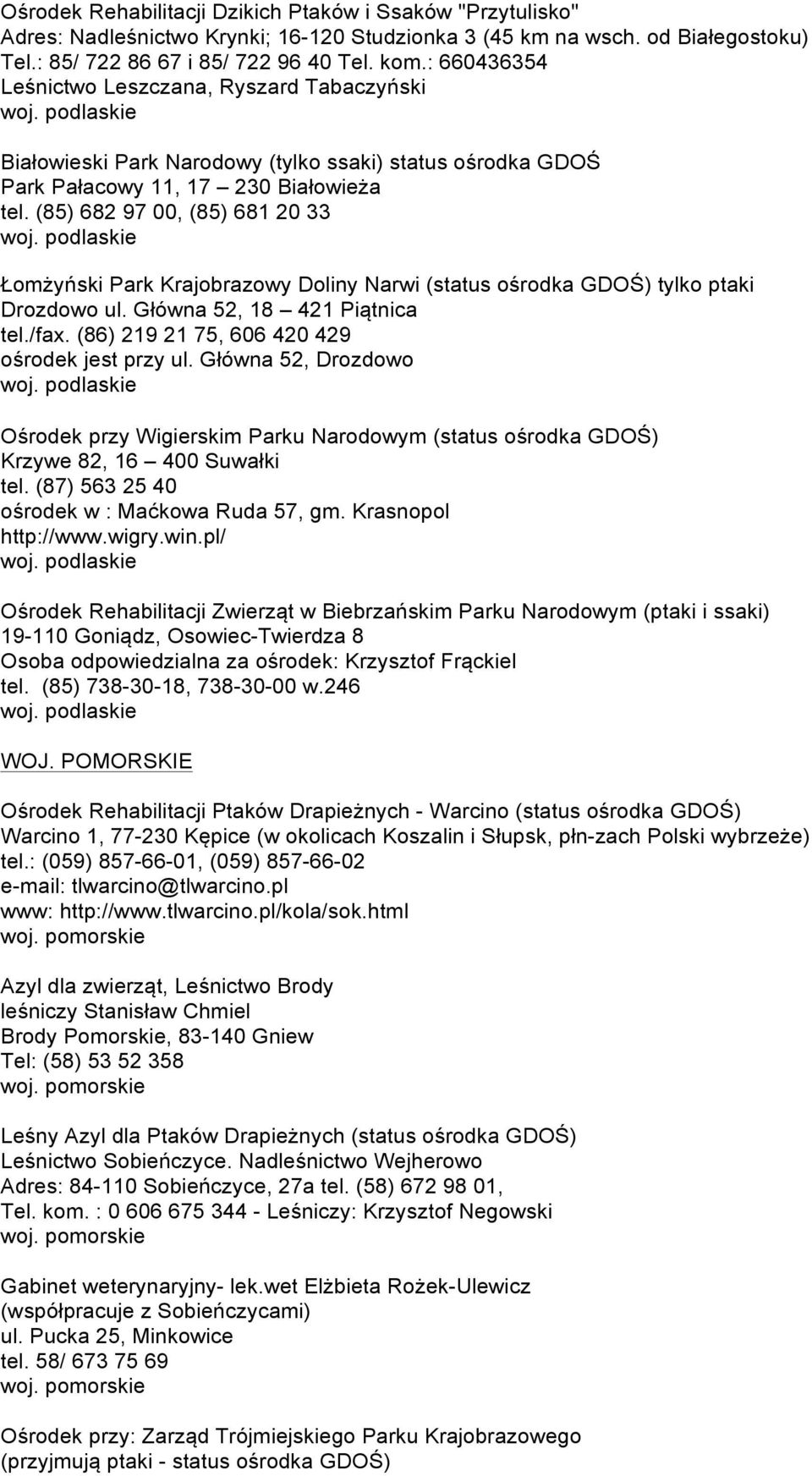 (85) 682 97 00, (85) 681 20 33 woj. podlaskie Łomżyński Park Krajobrazowy Doliny Narwi (status ośrodka GDOŚ) tylko ptaki Drozdowo ul. Główna 52, 18 421 Piątnica tel./fax.