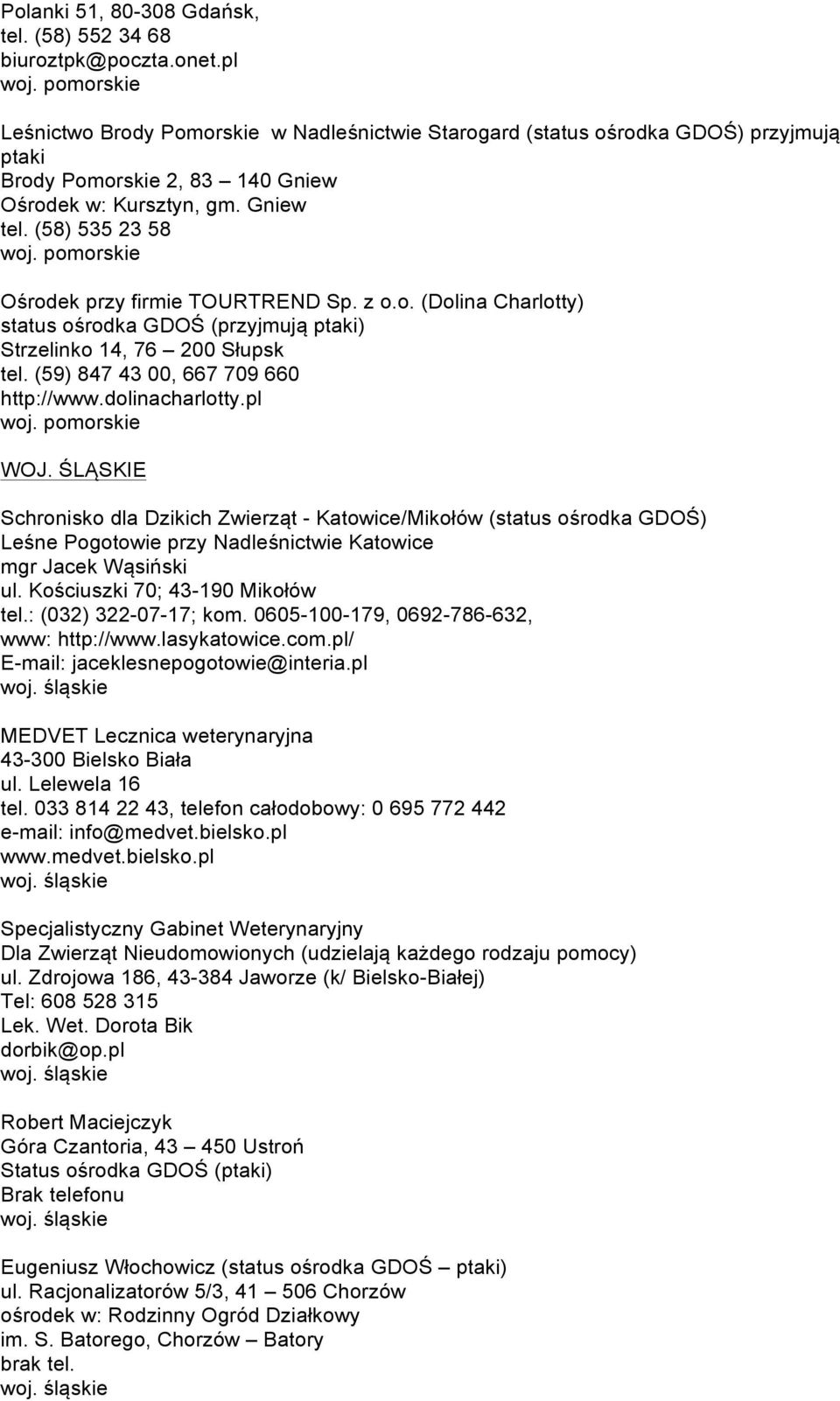 (58) 535 23 58 Ośrodek przy firmie TOURTREND Sp. z o.o. (Dolina Charlotty) status ośrodka GDOŚ (przyjmują ptaki) Strzelinko 14, 76 200 Słupsk tel. (59) 847 43 00, 667 709 660 http://www.