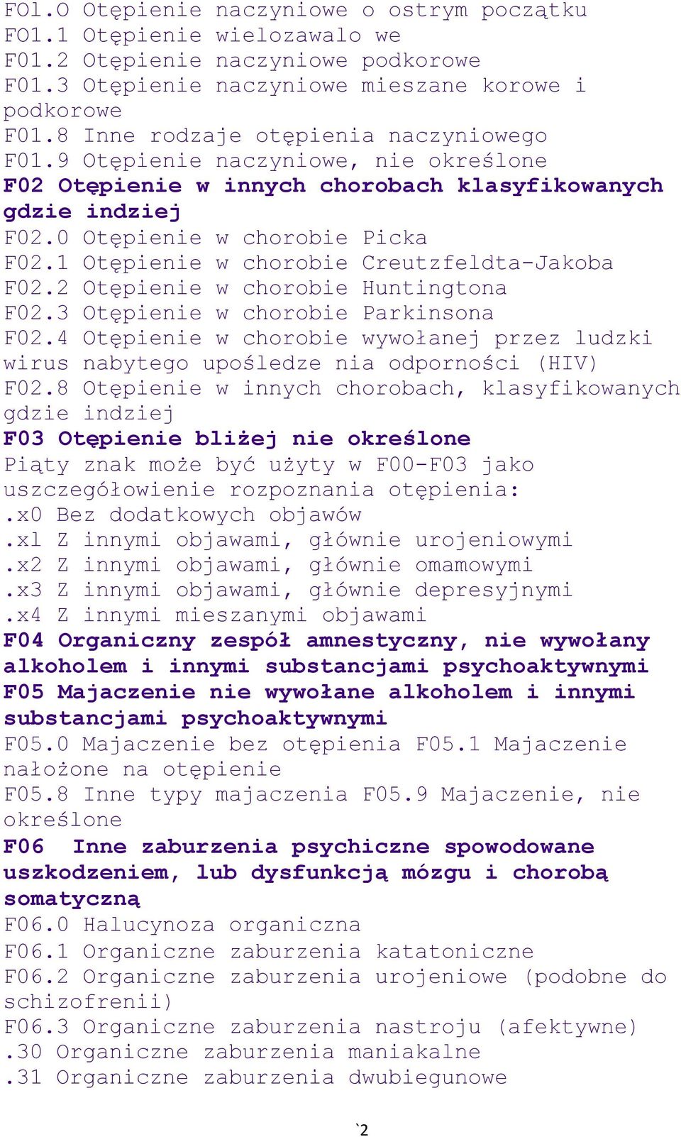 1 Otępienie w chorobie Creutzfeldta-Jakoba F02.2 Otępienie w chorobie Huntingtona F02.3 Otępienie w chorobie Parkinsona F02.