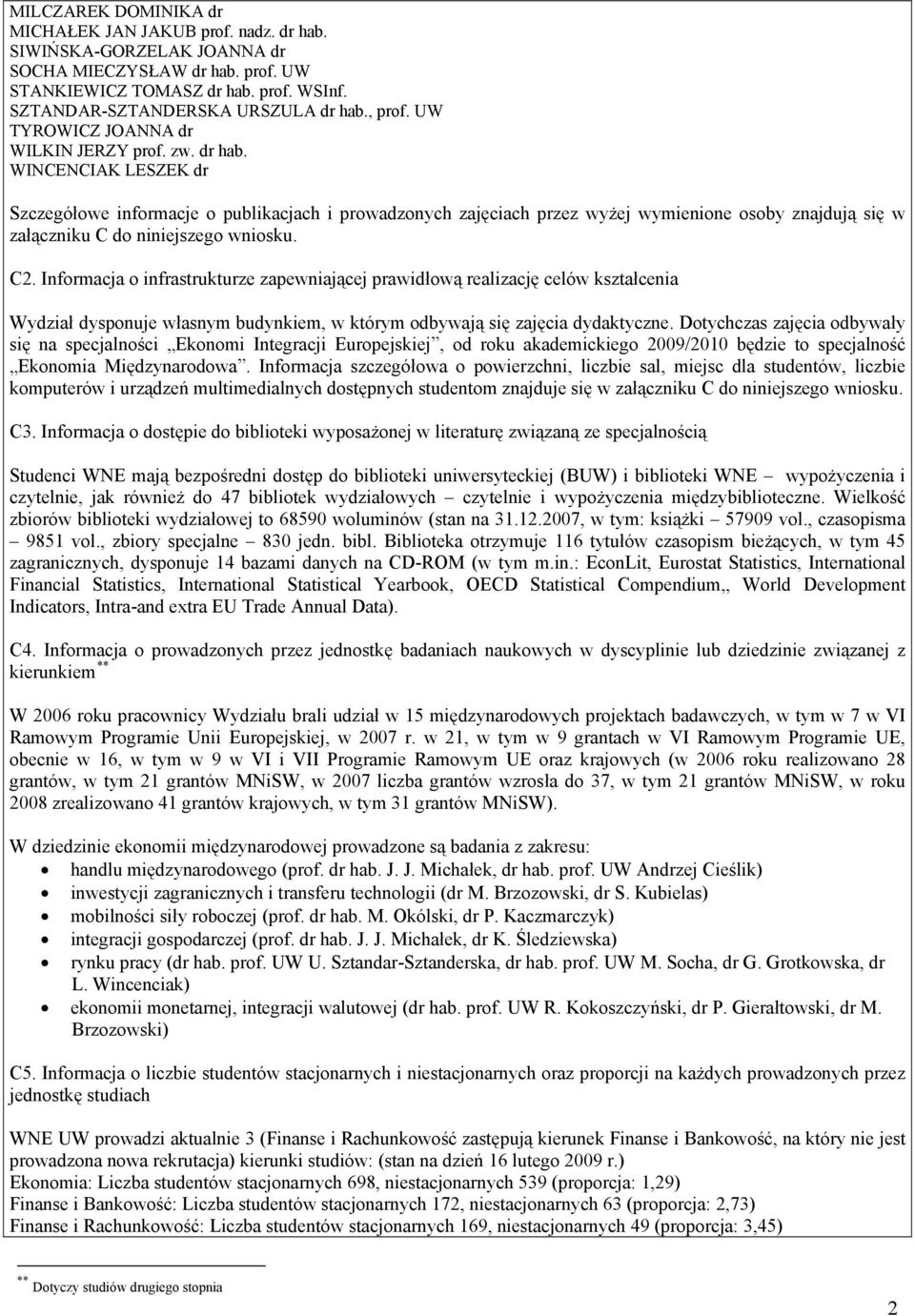 WINCENCIAK LESZEK dr Szczegółowe informacje o publikacjach i prowadzonych zajęciach przez wyżej wymienione osoby znajdują się w załączniku C do niniejszego wniosku. C2.